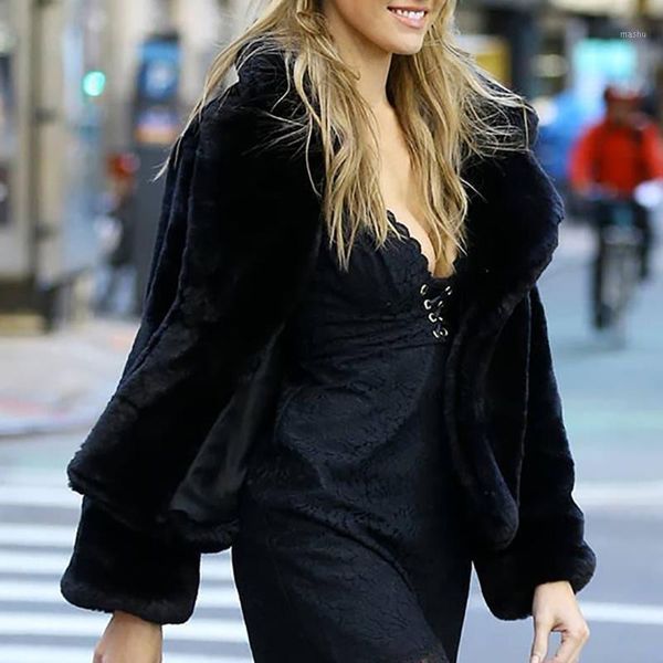 

furry fur coat women fluffy warm long sleeve outerwear autumn winter coat jacket hairy turn-down collar overcoat plus size#g301, Black