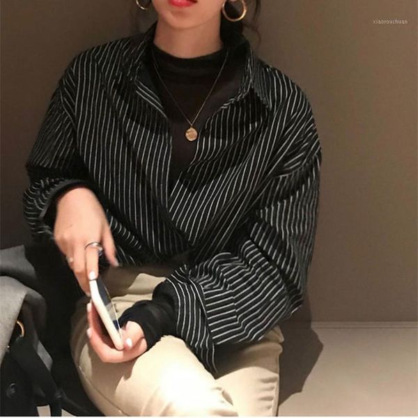 

new 2020 spring fashion strip women blouses shirts black white shirts female elegant lapel long seeve blusas full button1