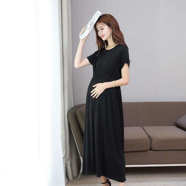 

high large 2020 summer new style waist slim short sleeve modal maternity dress, Black;gray