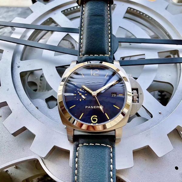 

2021 luxury automatic movement 44mm watch men blue dial glass back leather band montre homme, Slivery;brown