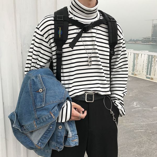 

2021 new winter striped shirt turtleneck sleeve long loose white clothes s bodybuilding e5te, White;black