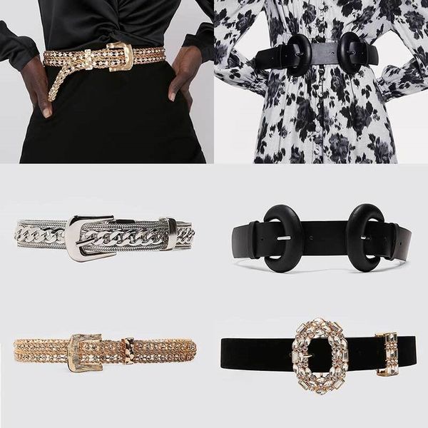 

dvacaman za new metal belt for women luxury crystal buckle statement belt maxi leather solid black waist chain belt party gift y200520, Black;brown