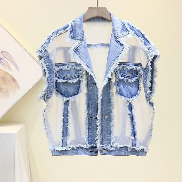 

fashion denim vest women hollow out sleeveless jacket thin coat single breasted tassel pocket loose plus size jeans vest jacket1, Black;white