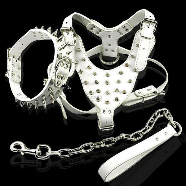 

spiked studded leather dog pet collar harness leash 3pcs set walking pitbull boxer for medium la sqcvxr