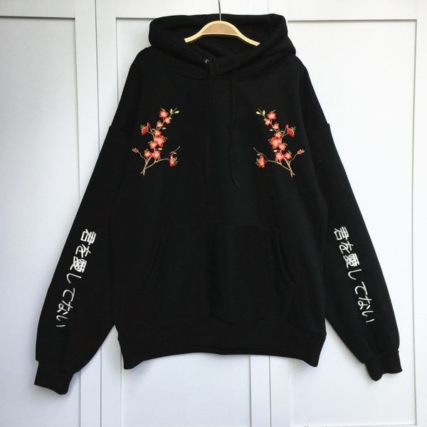 

korean preppy style women hoodies new flower embroidery pullovers casual loose thick hoody warm coat sweatshirt 64087 201127, Black