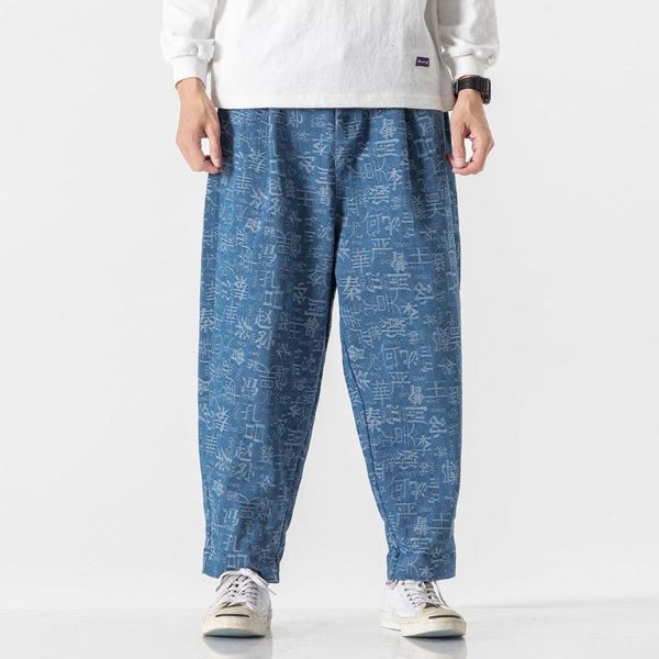 

men's pants mrgoldenbowl autumn and winter men's denim jeans mid loose letter print chinese style men midweight harem pants1, Black