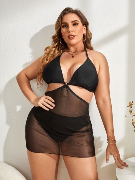 

plus contrast mesh halter bikini swimsuit f9dm#, Black