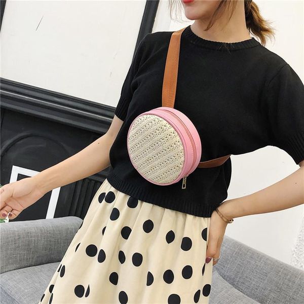 

straw weave round waist bag women chest pack ladies solid belt bags casual circle crossbody flap bum phone travel fanny bag1