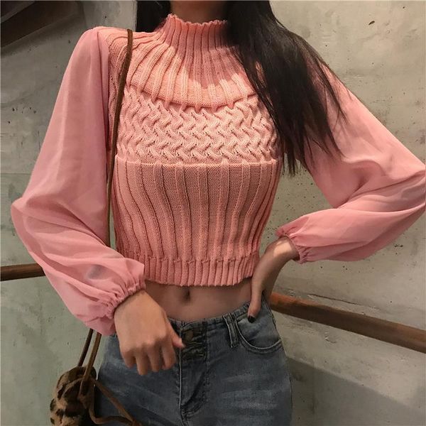 

2021 spring women solid sweater turtleneck cropped pullover crop patchwork chiffon sleeve sweater for female, White;black
