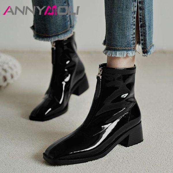 

annymoli real leather high heel short boots ankle boots women shoe square toe thick heels zip boot lady autumn winter black 40
