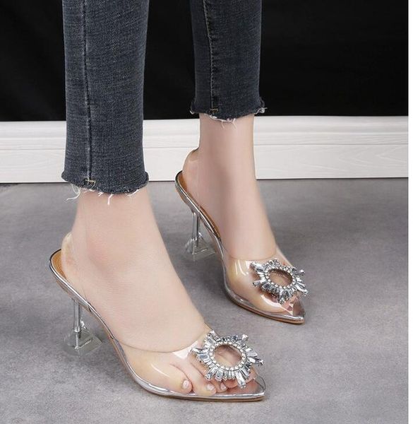 

sandals summer 2021 korean pointy crystal and rhinestone buckle fairy web celebrity shoes, Black