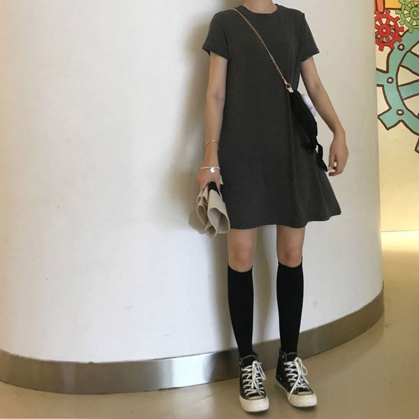 

2021 new summer basic casual dress falling thin feeling of medium length and high shirt dressed in short sleeve fashion yw6t, Black;gray