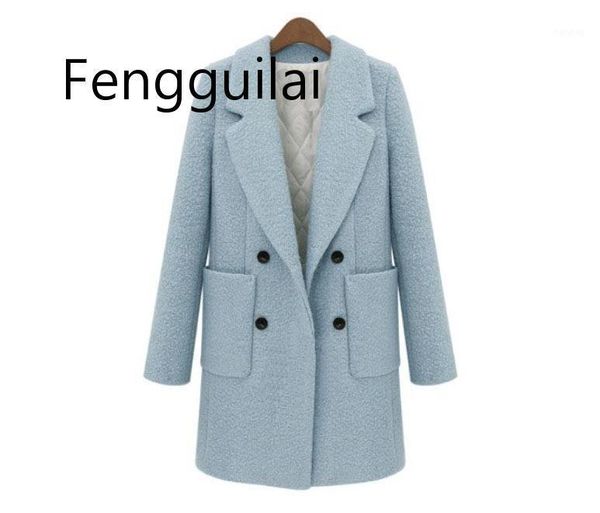 

2020 autumn winter women turquoise blue white simple woolen long coat notched thick tweed outerwear casacos femininos1, Black