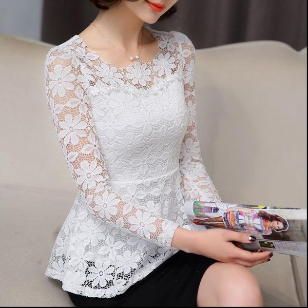 

new spring blusas 2020 flowers white lace blouse women slim long sleeve shirt female vintage ruffle chemise 817c5