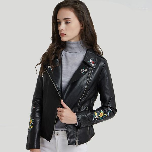 

2019 new women's leather coat lapel embroidered leather short female pu motorcycle jacket female short coat1, Black