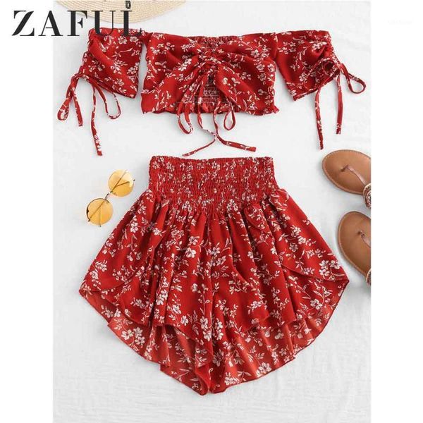 

two piece dress zaful off shoulder cinched floral women set summer slash neck short sleeves crop high waist shorts beach boho suits1, White