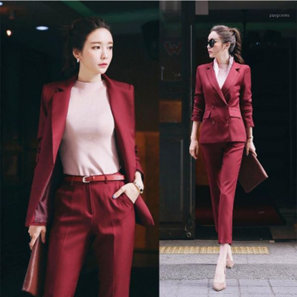 

autumn and winter new thickened fabric jackets and pants set double-breasted suit overcoat moderate lady suit office women 20201, White