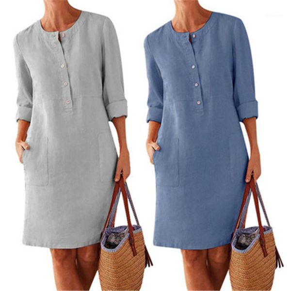 

female pocket casual loose dress clothes women 3/4 sleeve shirt dress fashion round neck high waist buttons long skirts designer summer, Black;gray