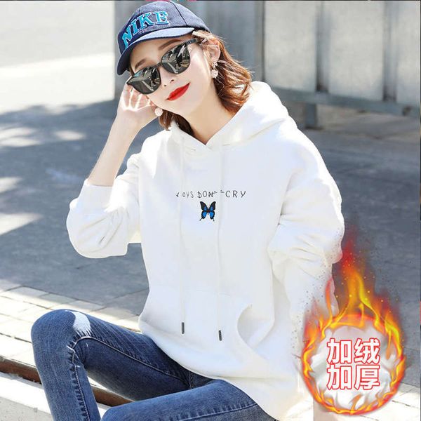 

embroidered thickener with new korean for plush warm and loose fit large versatile women's sweater hoodie white, Black