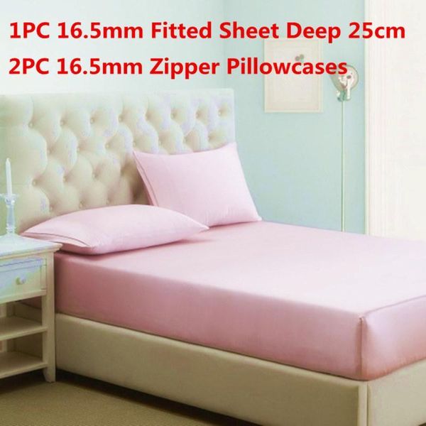

100% mulberry silk bedding sets 3pcs silk fitted sheet deep 25cm&zipper pillowcase stain sheet sets multi size