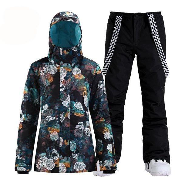 

new rose flower women's snow wear snowboarding clothing waterproof costumes winter outdoor suit ski jacket and bibs snow pants