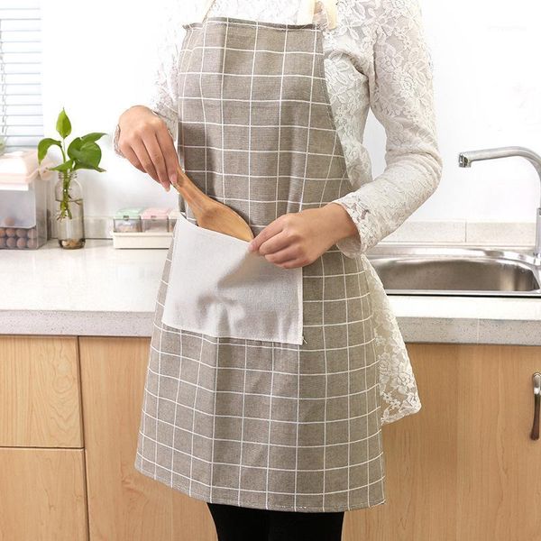 

cotton linen apron plaid bib kitchen apron with pockets home cooking baking cleaning coffee shop chef waiters1