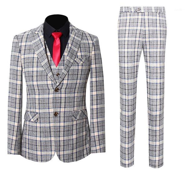 

3pcs/set luxury mens suit set gray plaid blazer pants vest marriage tuxedo male business suit terno wedding mens slim fit1, White;black