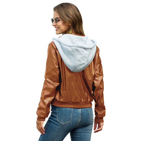 

2021 new women spring autumn moto hooded faux jacket thickness warm soft lining leather jackets q0nh, Black