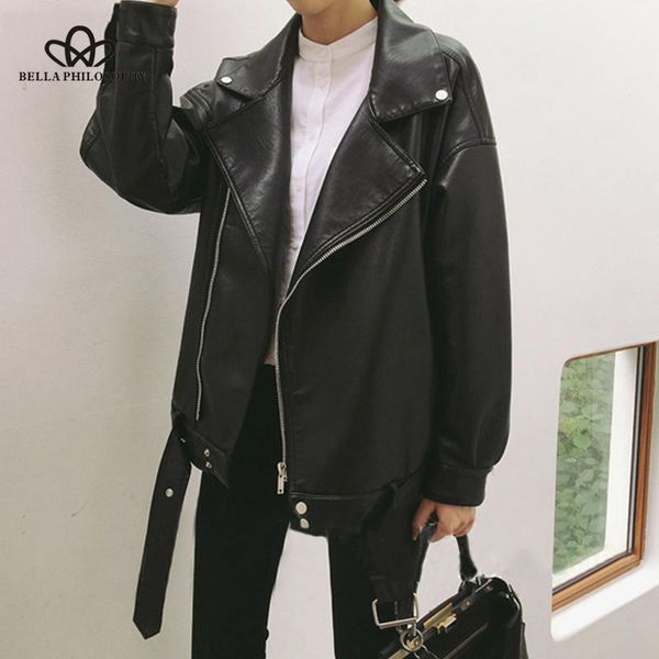 

bella philosophy loose pu faux leather jacket women classic moto biker jacket autumn lady basic coat fashion black outerwear, Black;brown