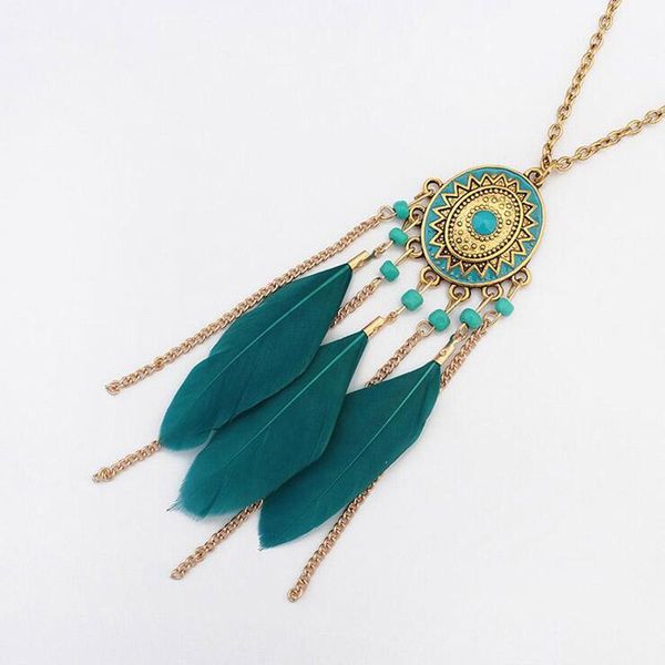 

chains carved retro feather necklace pendant for women bohemia dream catcher jewelry in 4 colors, Silver