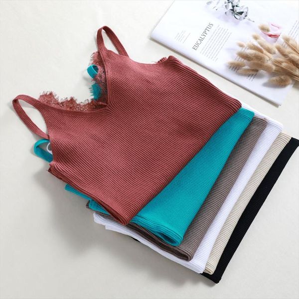 

chic summer lace knit tank women girls camisole v neck sleeveless t shirt short female basic camis solid knitwear, White
