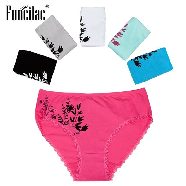 FUNCILAC Plus Size Underwear Femmes Sexy Dentelle Briefs Imprimer Culotte Coton Entrejambe Mid-Rise Bonne Qualité Lingerie 2XL-4XL 5 Pcs / lot 201112