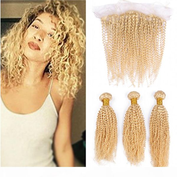

kinky curly brazilian blonde human hair 3bundles with lace frontal 4pcs lot pure color #613 blonde 13x4 lace frontal closure with weaves, Black;brown