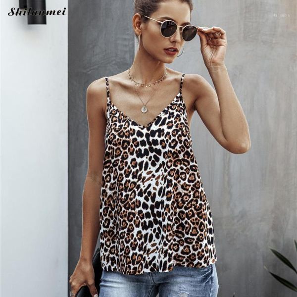 

2020 leopard print women v neck sling sleeveless big size summer flower leopard beach fashion ladies shirts1, Black;white