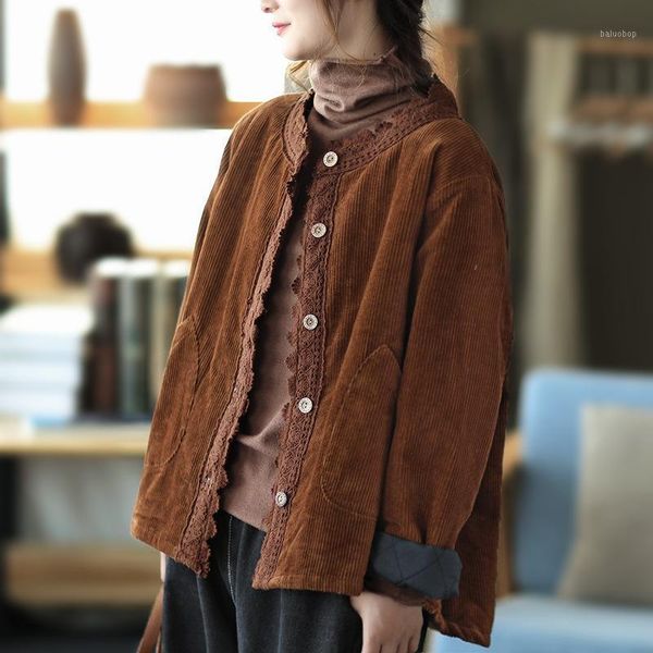 

winter jackets retro women padded corduroy all-match coat new ruffled button casual loose vintage jackets 1, Black;brown