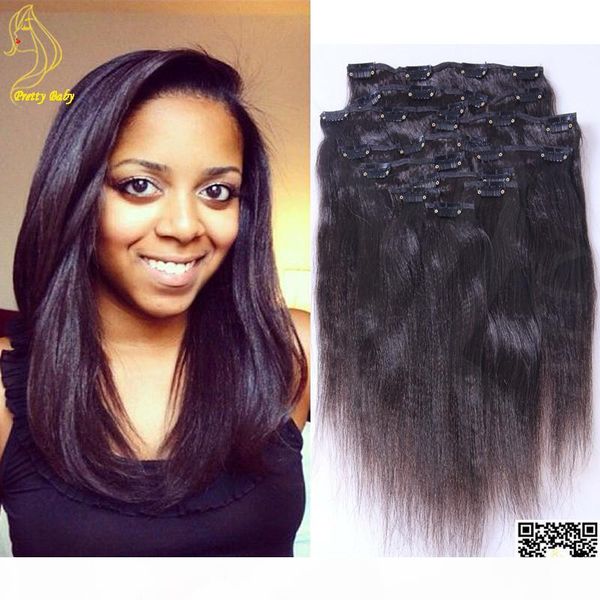 

italian light yaki clips in hair extensions peruvian kinky straight clip in human hair extensions full head clips ins, Black;brown
