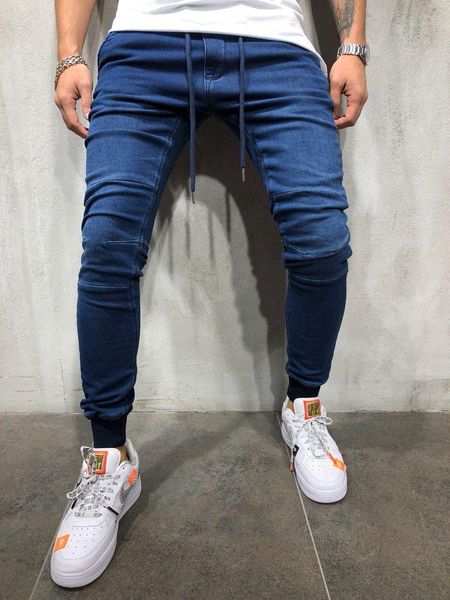 

men casual sports jogger jeans spring elastic waist athletic pantalones trousers, Blue