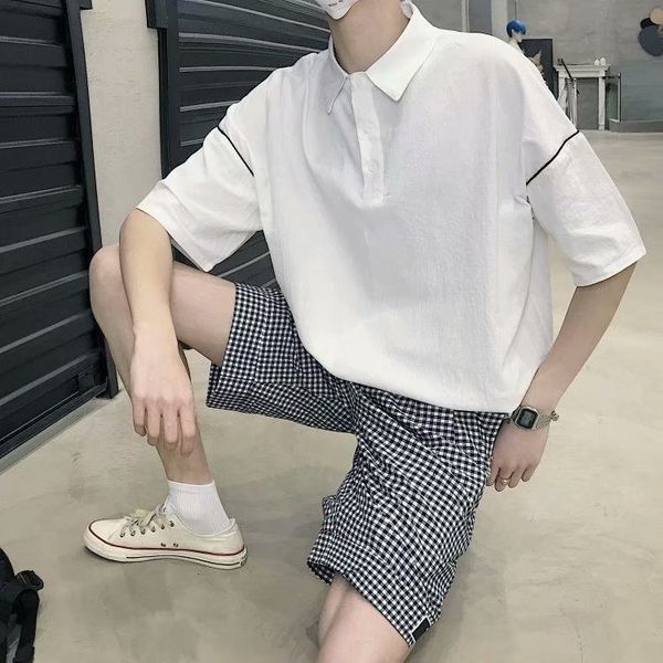 

polo shirt men's lapel short t-shirt inschao net red solid loose large bf style half sleeve, White;black