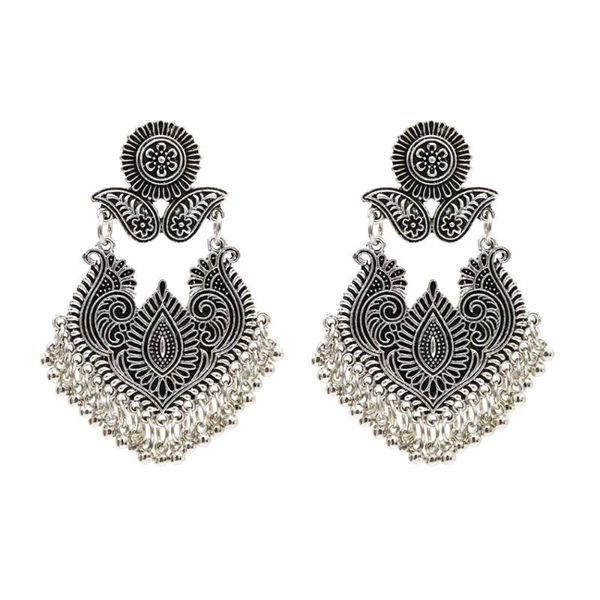 

dangle & chandelier bollywood oxidized jewellery ethnic afghan tribal pendientes long tassel bead drop flower jhumka earrings wedding party, Silver