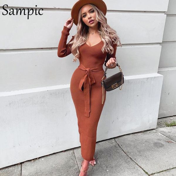 

sampic v neck knitted women slit bandage black bow sweater dress winter long ladies bodycon party wrap dress autumn 2021, Black;gray
