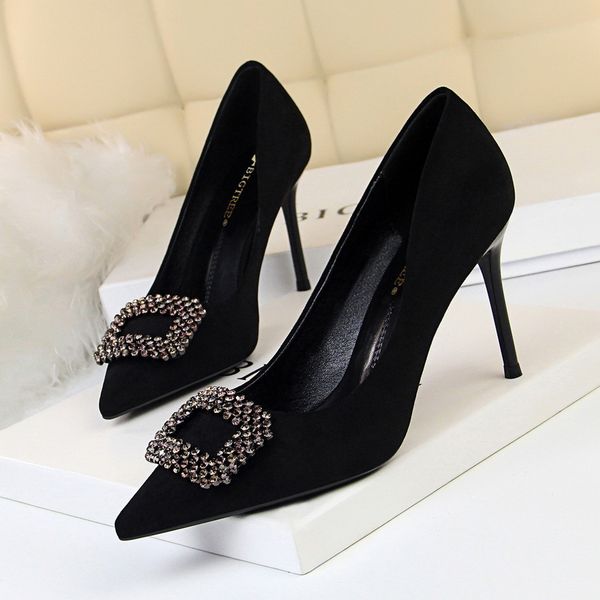 

2021 new style wedding shallow mouth suede stiletto was thin pointed toe-to-toe strass buckle high-heeled shoes i6st, Black
