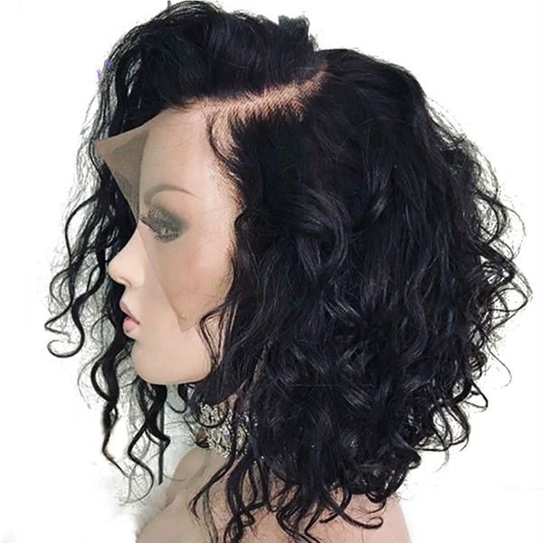 

13x4 short water wave bob wig lace front human hair wigs preplucked bleached knots for women remy brazilian wig luffy, Black;brown