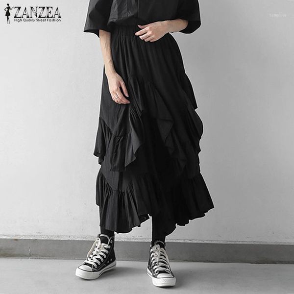 

women's summer asymmetrical skirts zanzea 2020 fashion ruffle vestidos casual solid maxi skirts female faldas saia plus size1, Black