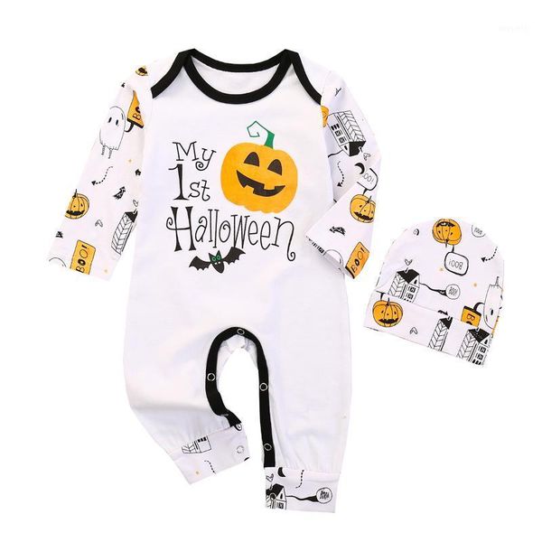 

clothing sets infant born baby girls boys toddler long sleeve romper+hat halloween theme pumpkin pattern bottom buckle holiday clothing1, White