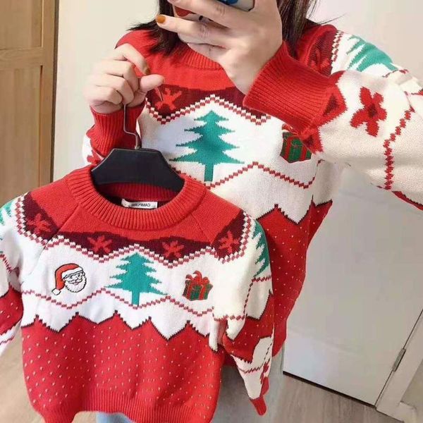 

new children's sweater autumn and winter cotton knitting embroidery jacquard snowman christmas tree parent child, Blue