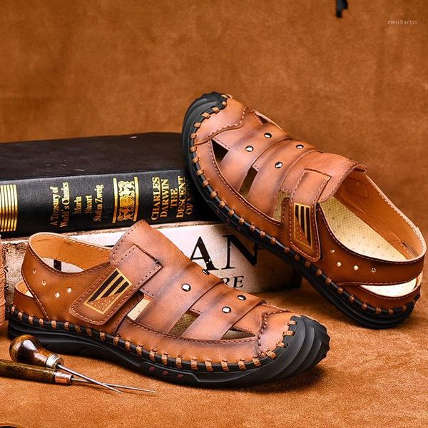 

summer 2020 new leather fashion sandals mens shoes large sizes 48 roman walking handmade luxe cuir hollow breathable sandalhas1, Black