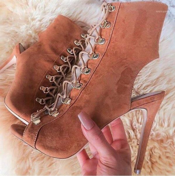 

roman lace up peep toe ankle boot stiletto high heel sandals brown suede thin heels studded banquet dress shoes plus size 101, Black