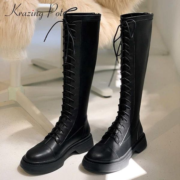 

krazing pot motorcycle boots real leathe stretch cross-tied round toe thick med heel back zip handsome dress knee-high boots l75, Black
