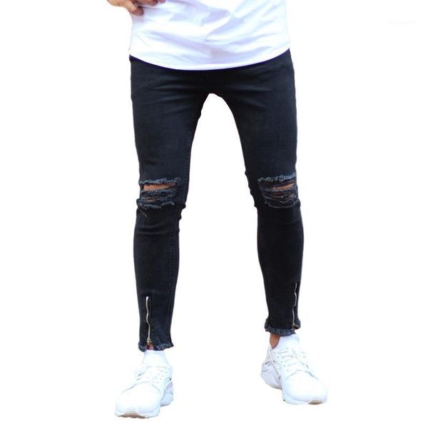 

casual 100% cotton men skinny jeans zip design with knee rips denim new style good price wholesale offer trend 20211, Blue
