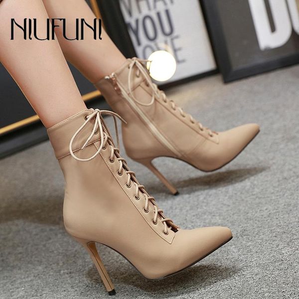 

pointed toe suede solid color zipper women's ankle strap boots stiletto lace up slim boots high heels niufuni women shoes, Black